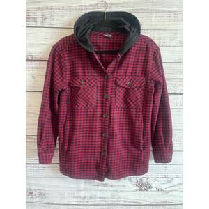 Eddie Bauer Women's flannel Hoodie "shacket" Navy Blue Red Black Medium